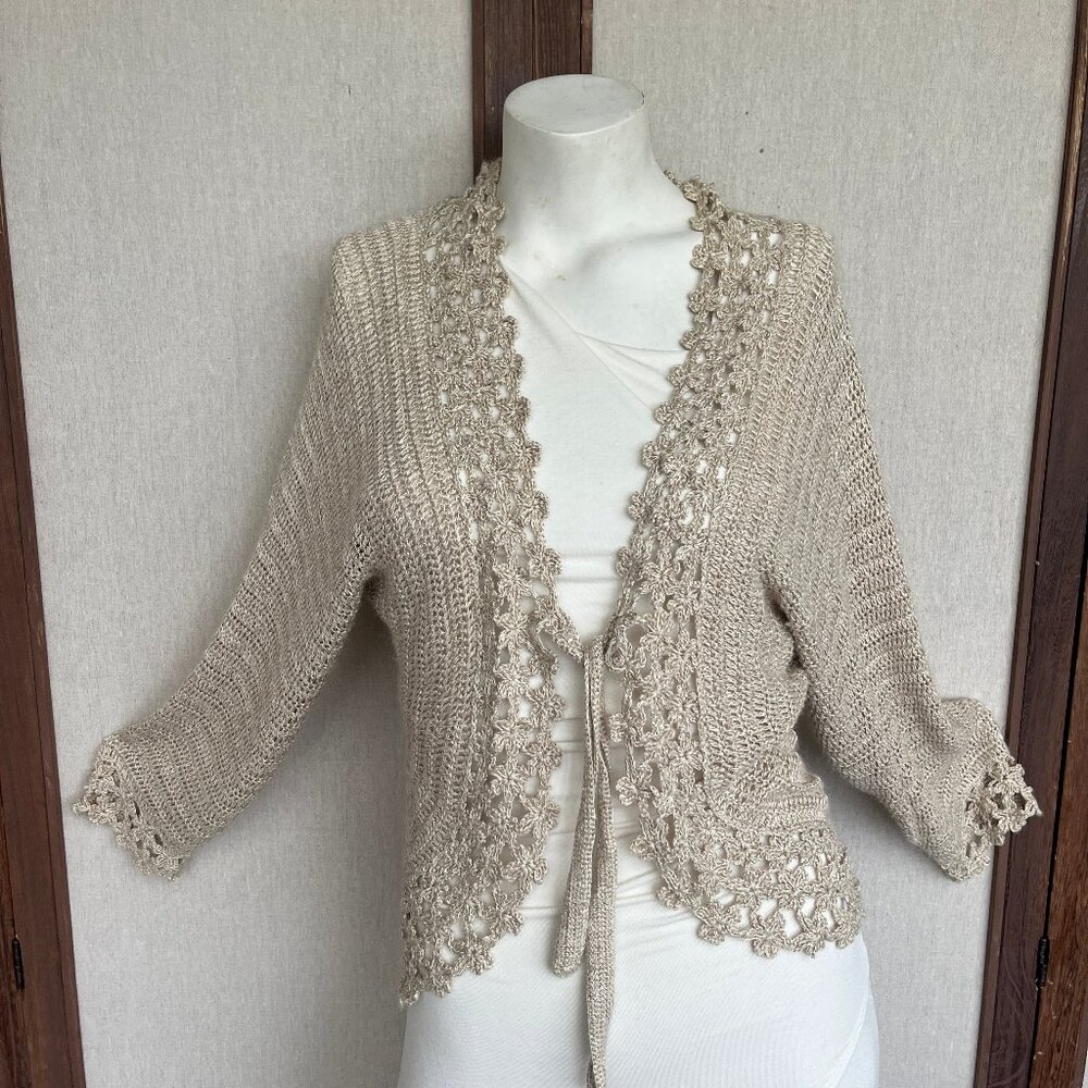 Crocheted Lacy Floral Front Tie Cardigan